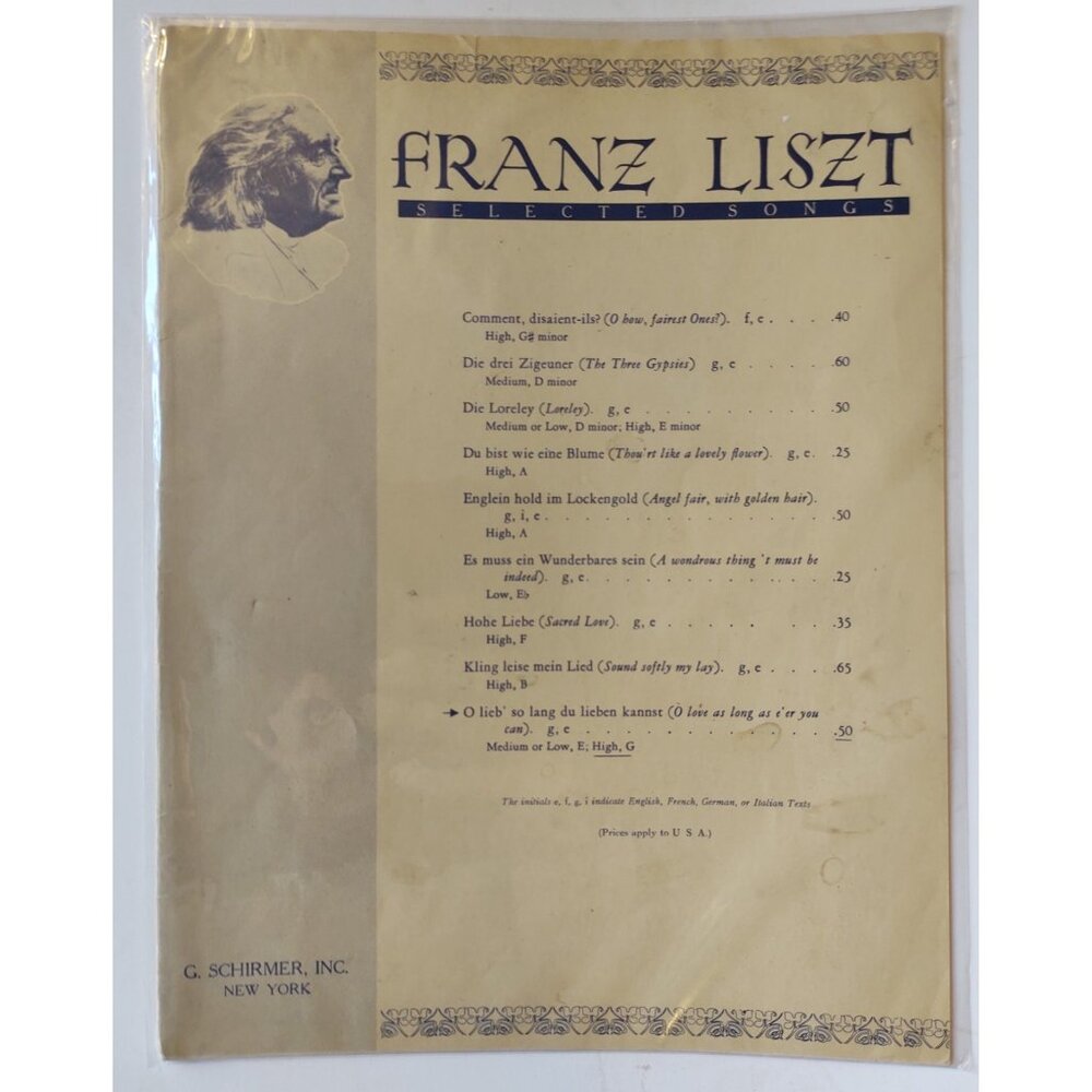 Franz Liszt Selected Songs G Schirmer New York Classical Vocal Sheet